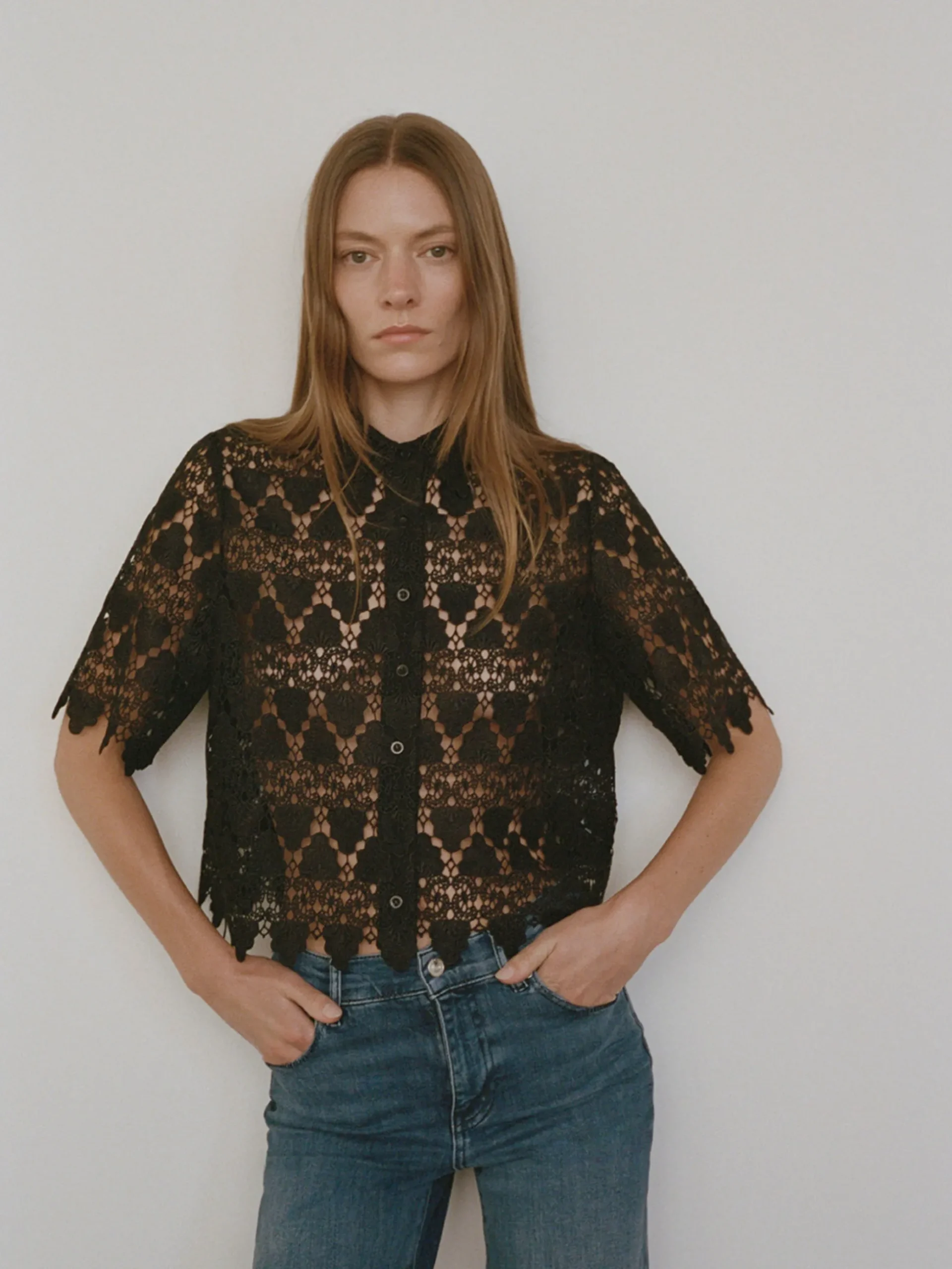 Lace Button Up Shirt in Black
