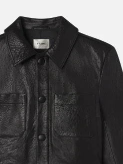 Leather Button Front Jacket in Black