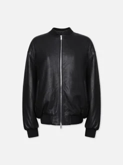 Oversized Leather Bomber in Black