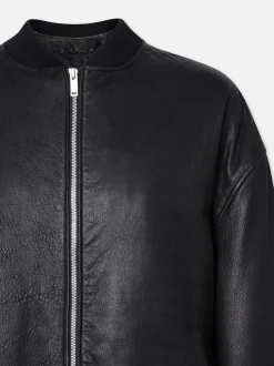 Oversized Leather Bomber in Black