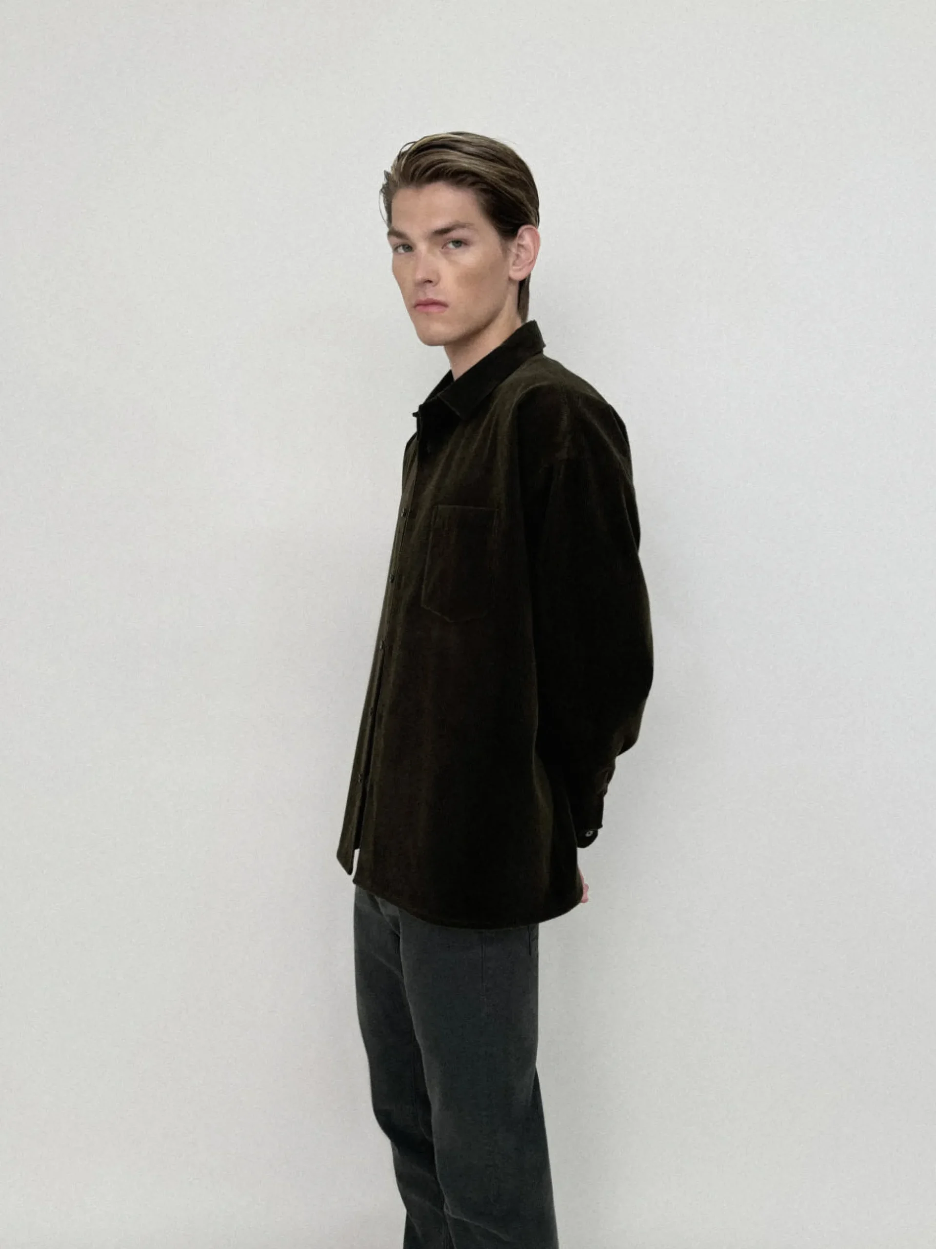 Relaxed Corduroy Overshirt in Dark Olive