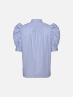 Ruched Puff Sleeve Shirt in Chambray Blue