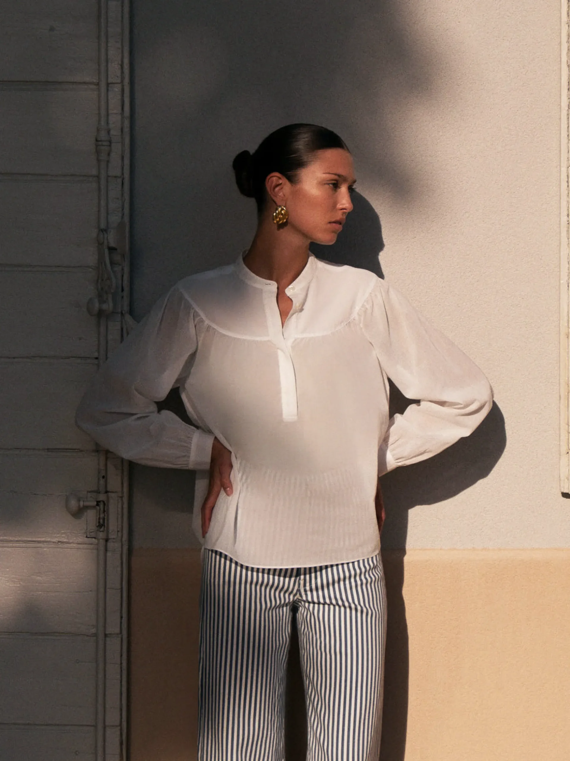 Shirred Popover Blouse in White