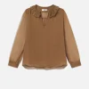 Shirred Ruffle Neck Blouse in Camel
