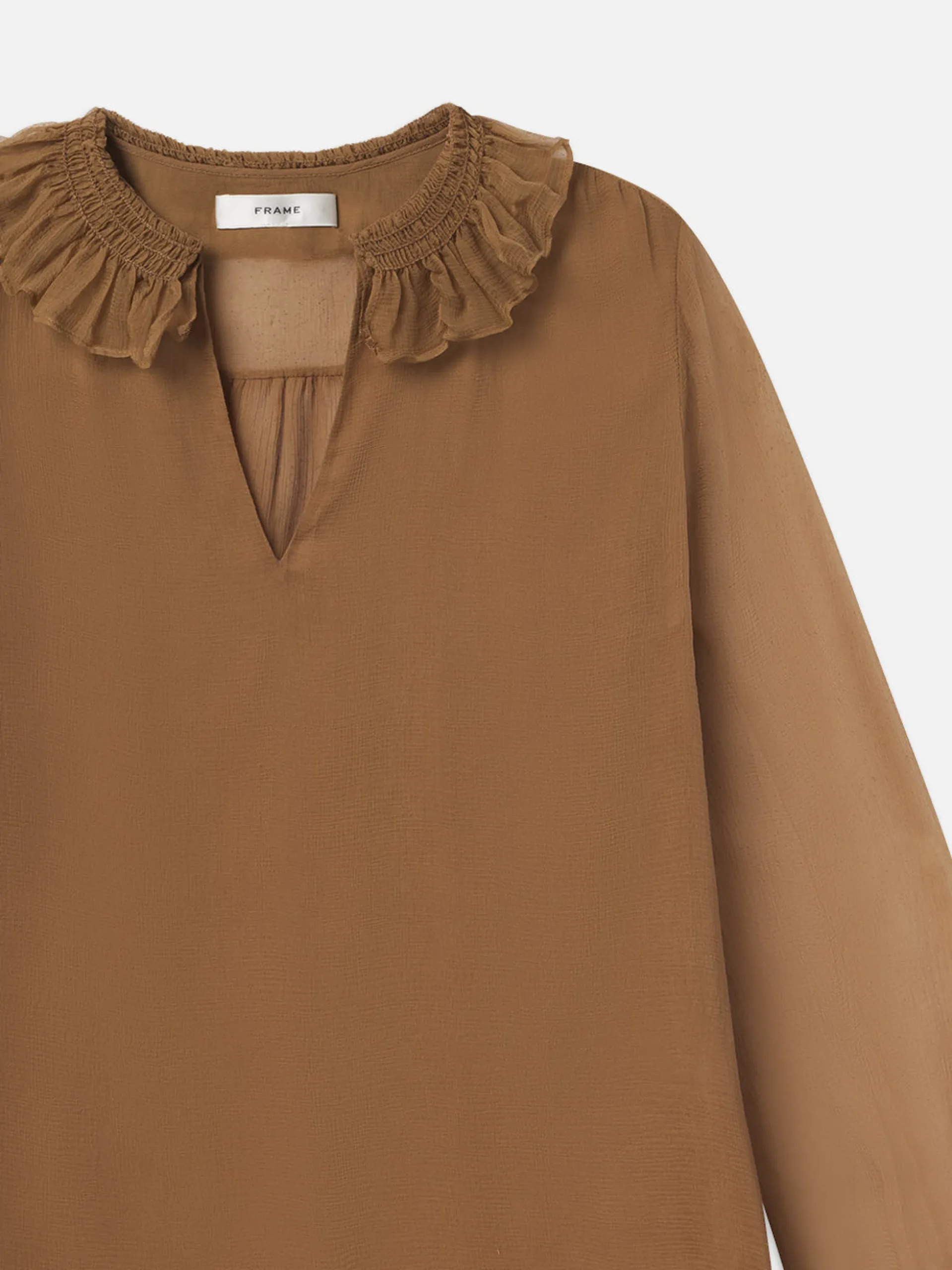 Shirred Ruffle Neck Blouse in Camel