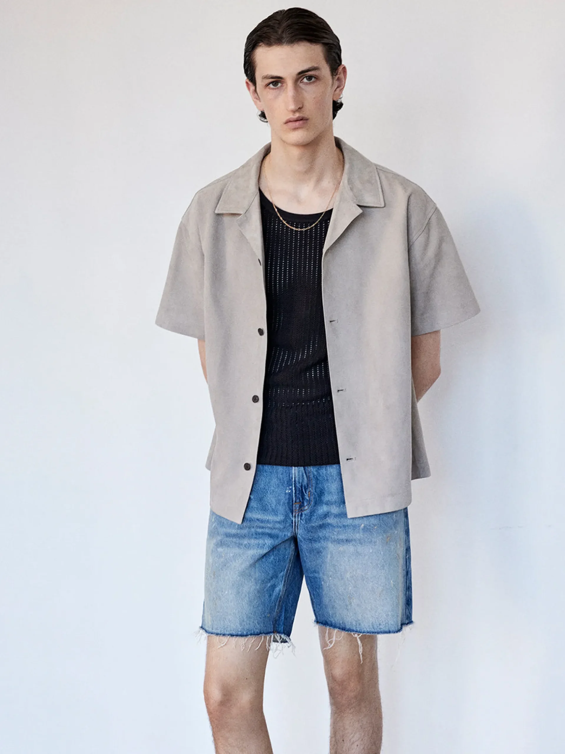Short Sleeve Suede Shirt in Smoke Grey