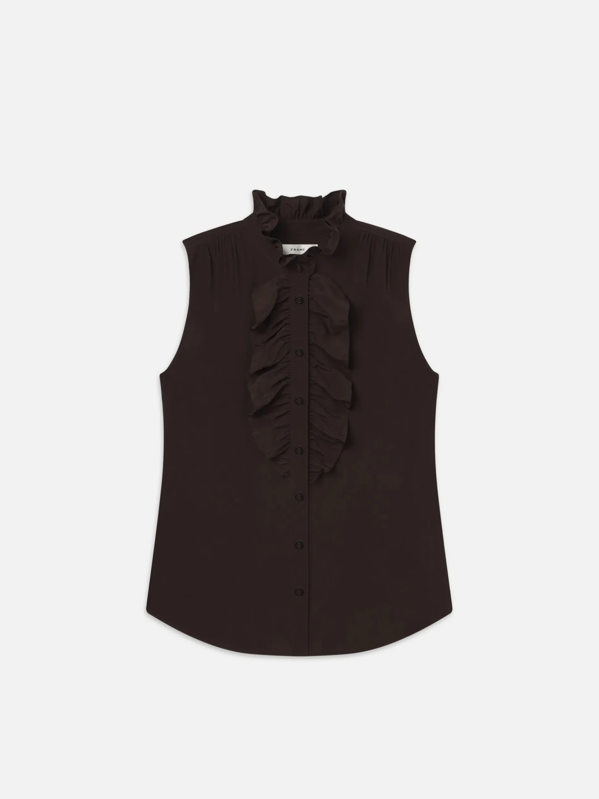 Sleeveless Ruffle Front Blouse in Espresso