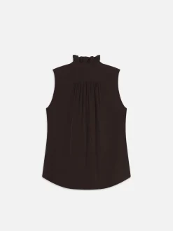 Sleeveless Ruffle Front Blouse in Espresso