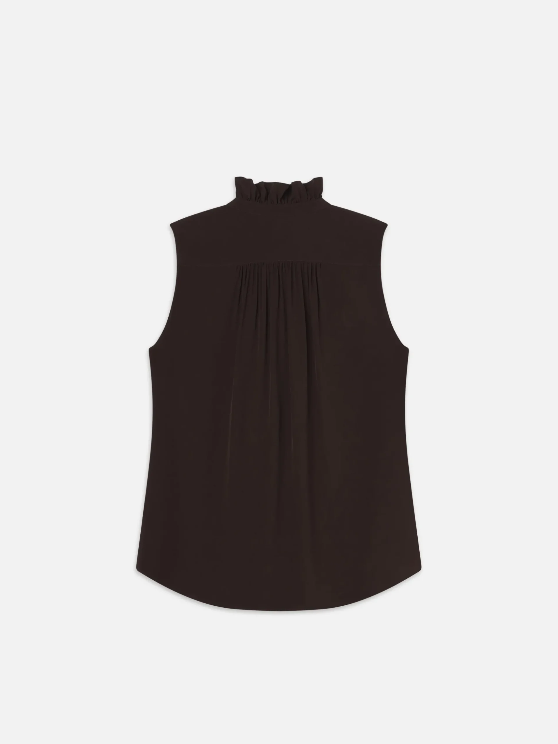 Sleeveless Ruffle Front Blouse in Espresso