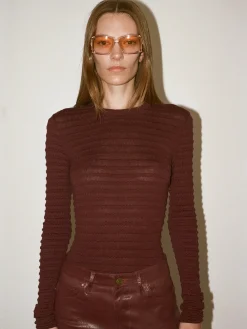 Smocked Long Sleeve Crewneck in Wine