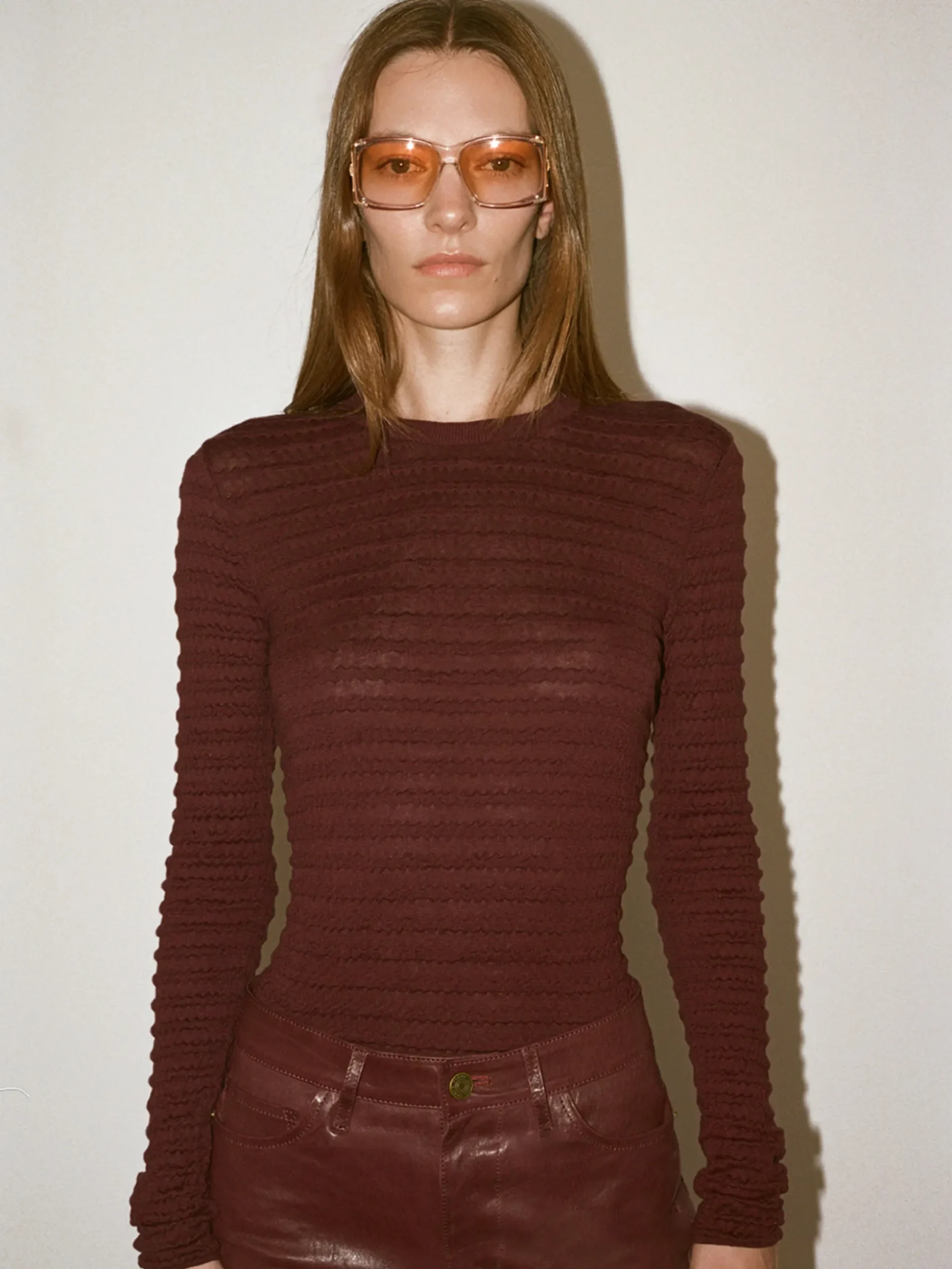 Smocked Long Sleeve Crewneck in Wine