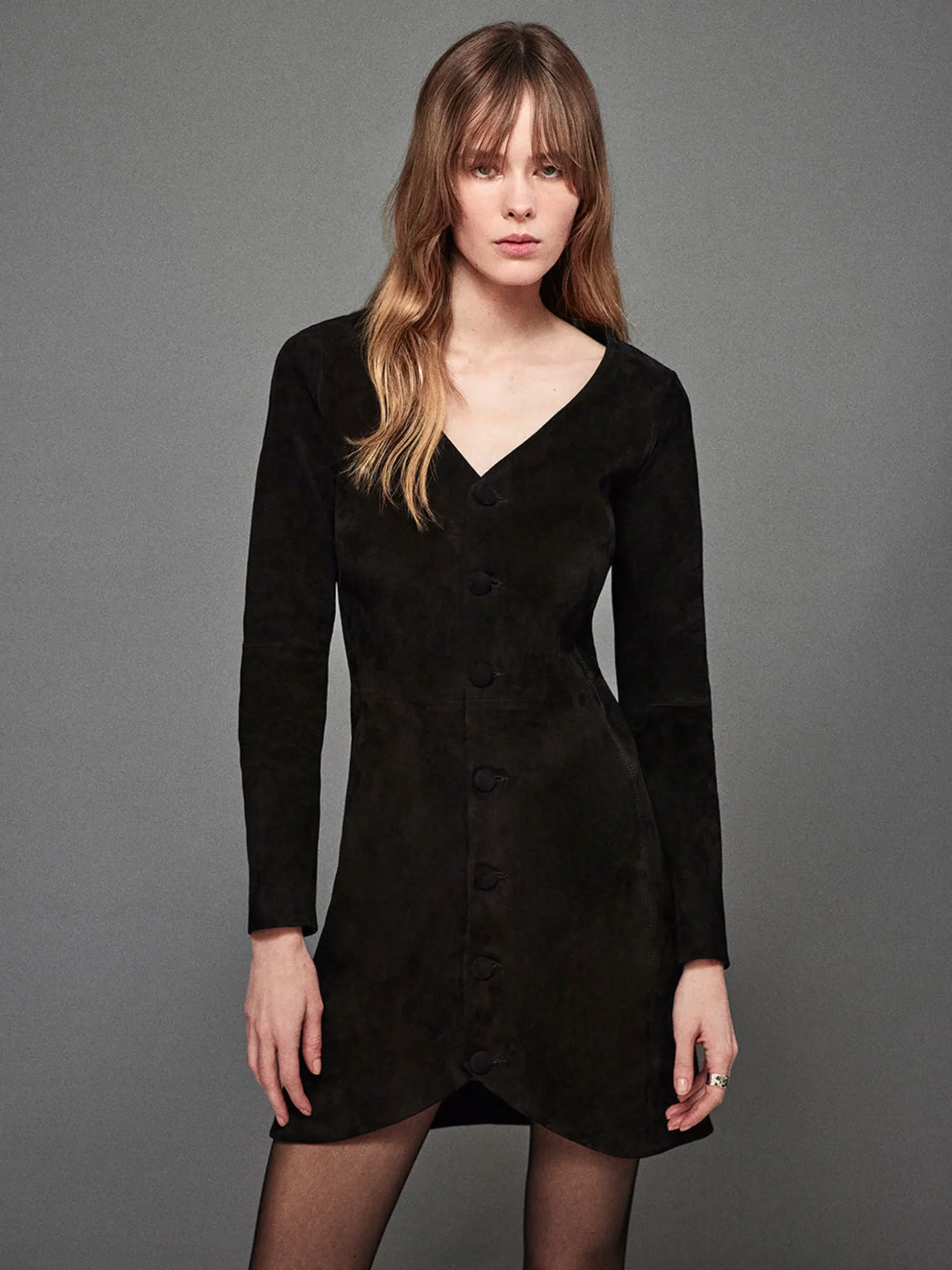 Suede Button Front Mini Dress in Black
