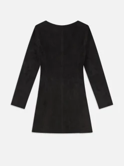 Suede Button Front Mini Dress in Black